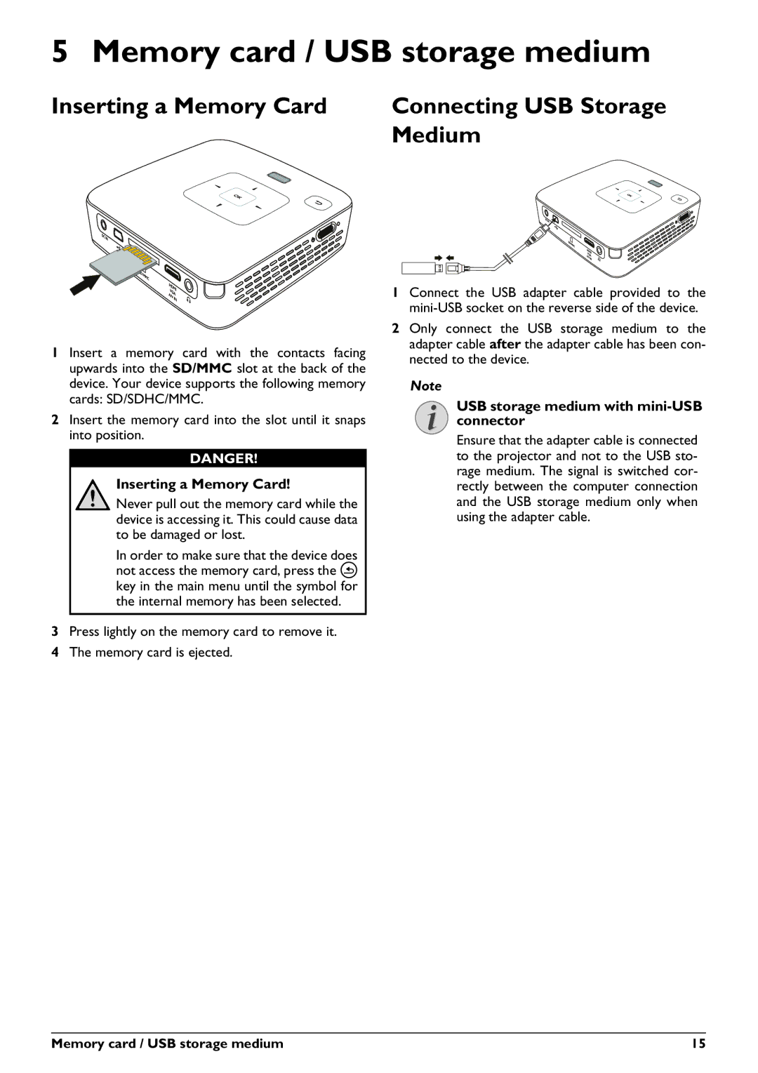 Philips PPX2450 user manual Memory card / USB storage medium, Inserting a Memory Card Connecting USB Storage Medium 