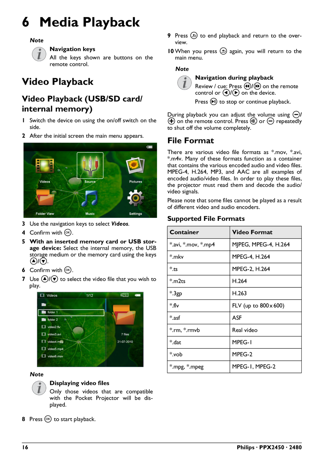 Philips PPX2450 user manual Media Playback, Video Playback USB/SD card/ internal memory, Supported File Formats 