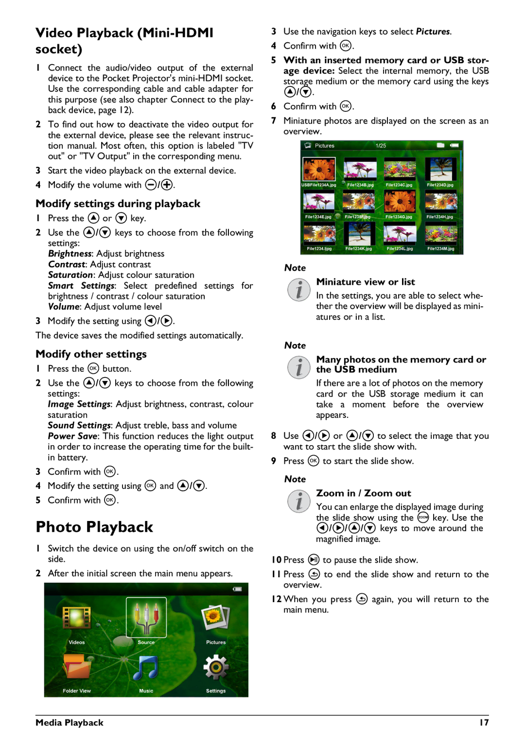 Philips PPX2450 Photo Playback, Video Playback Mini-HDMI socket, Modify settings during playback, Modify other settings 