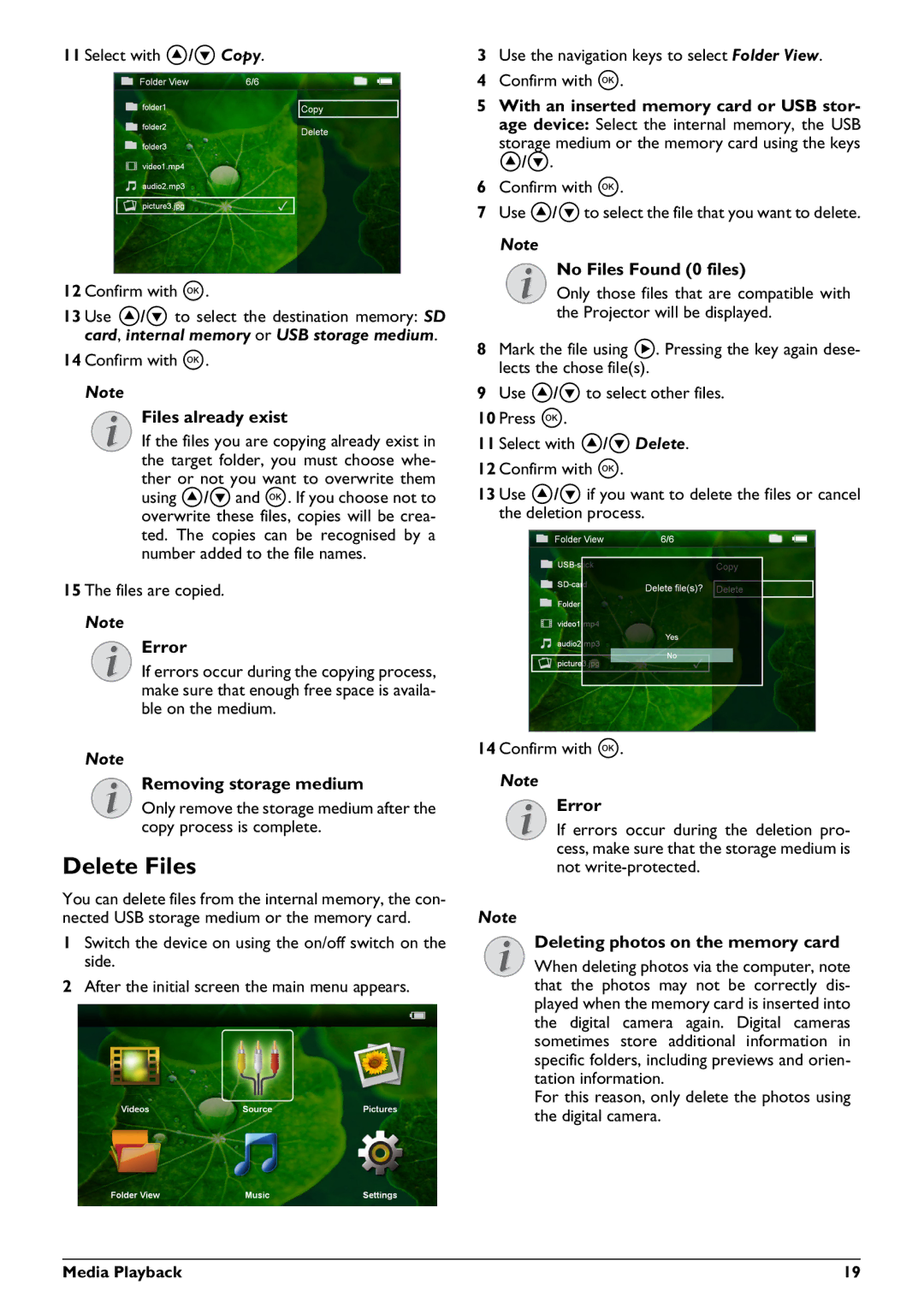 Philips PPX2450 Delete Files, Files already exist, Error, Removing storage medium, Deleting photos on the memory card 