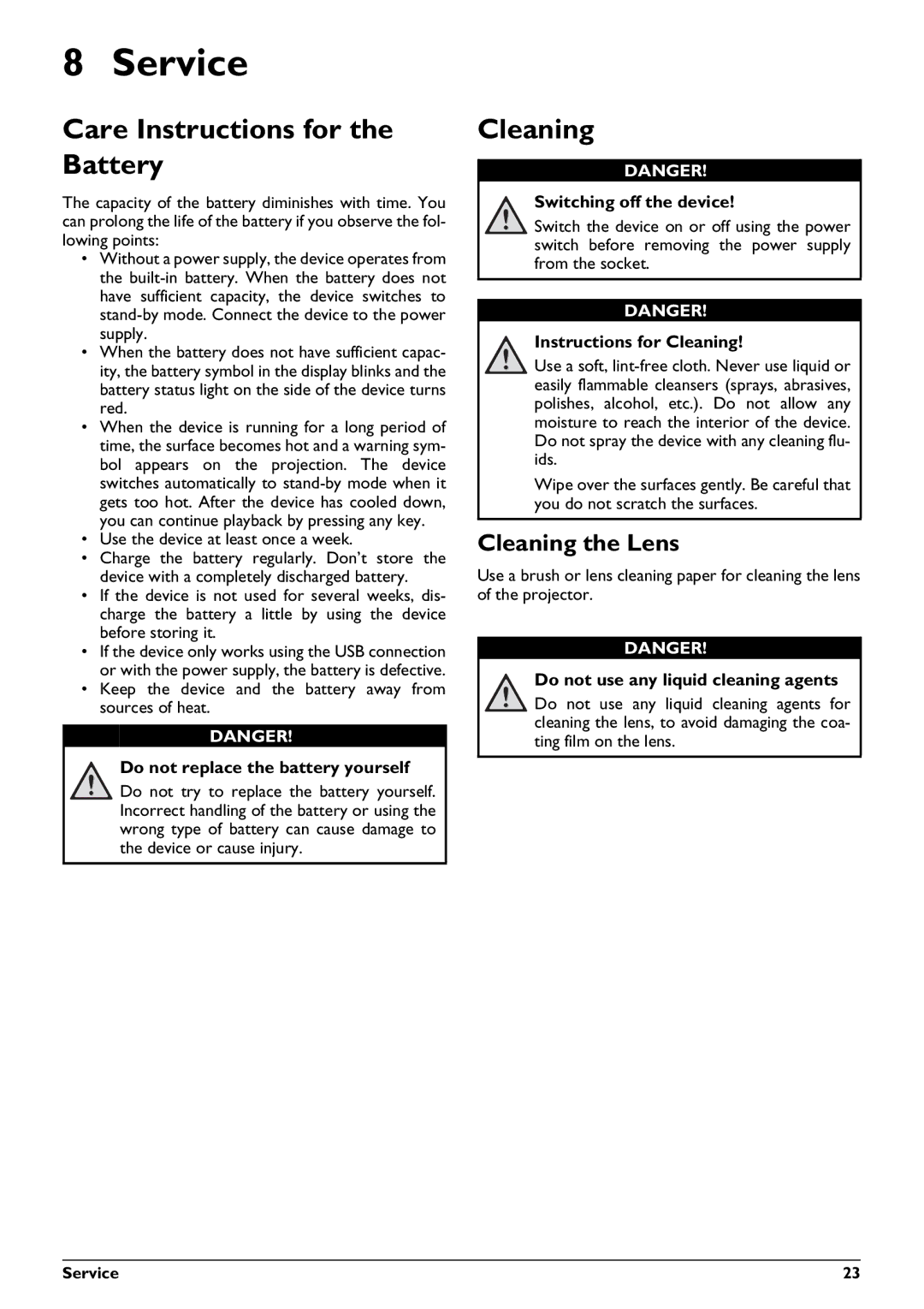 Philips PPX2450 user manual Service, Care Instructions for the Battery, Cleaning the Lens 