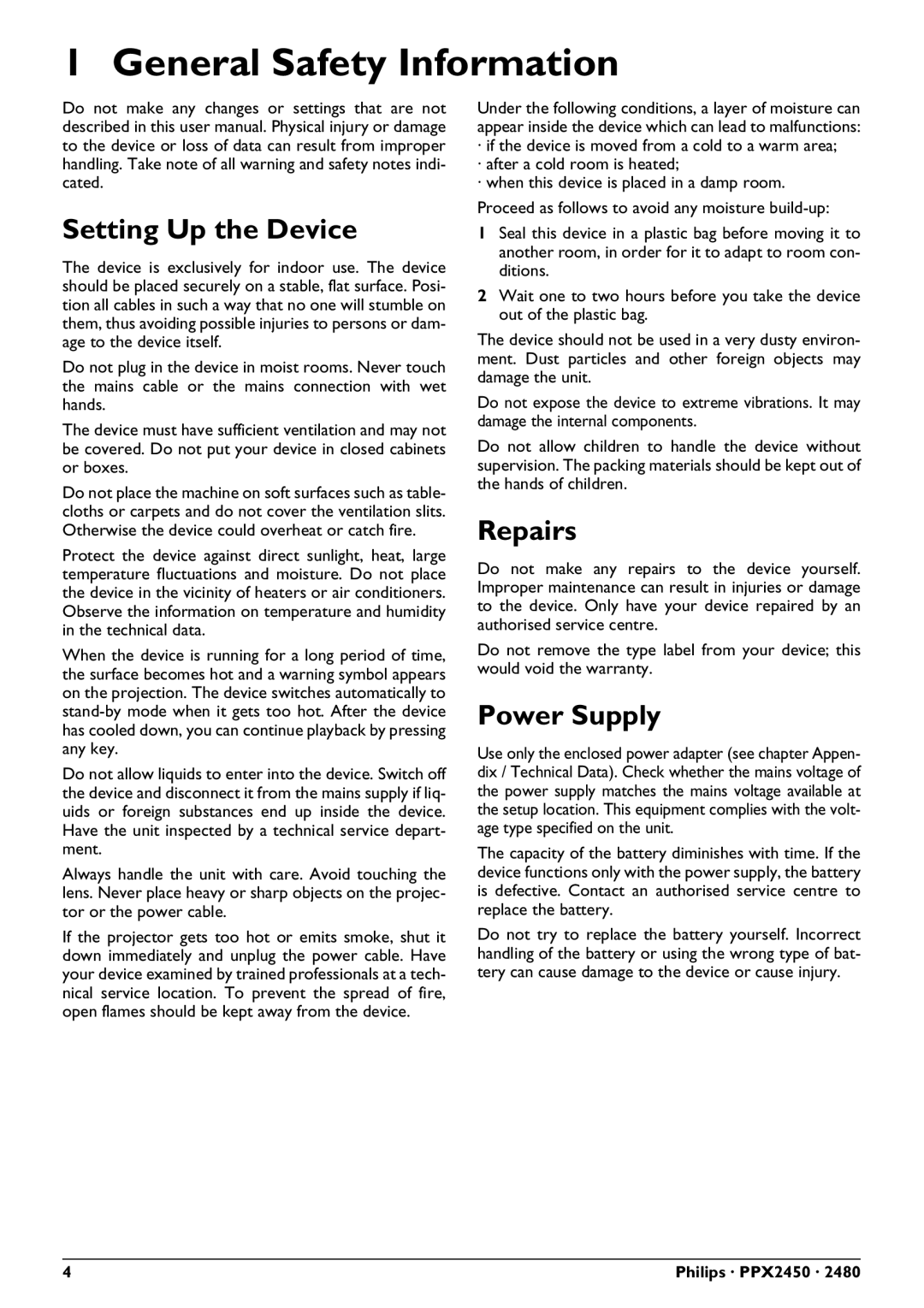 Philips PPX2450 user manual General Safety Information, Setting Up the Device, Repairs, Power Supply 