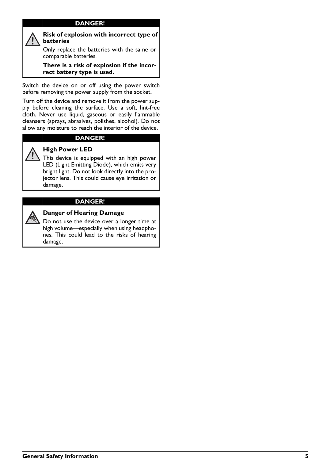 Philips PPX2450 user manual Risk of explosion with incorrect type of batteries, High Power LED 