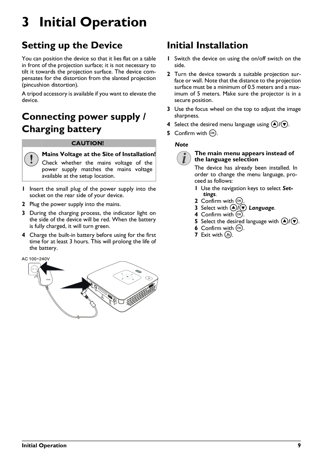 Philips PPX2450 user manual Initial Operation, Connecting power supply / Charging battery, Initial Installation 