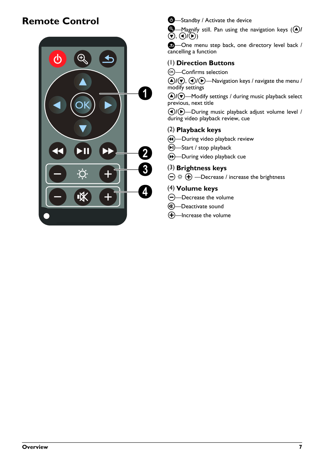 Philips PPX3410, PPX3407 user manual Remote Control, Direction Buttons, Playback keys, Brightness keys, Volume keys 