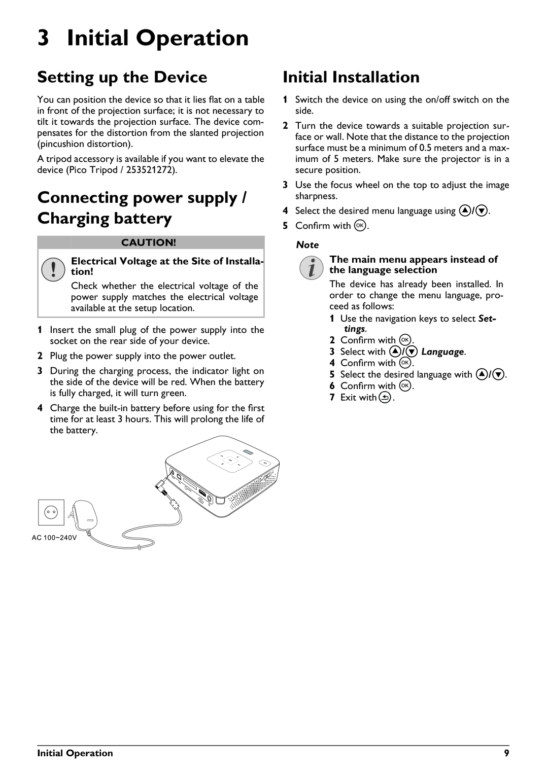 Philips PPX3410 Initial Operation, Setting up the Device, Connecting power supply / Charging battery, Initial Installation 