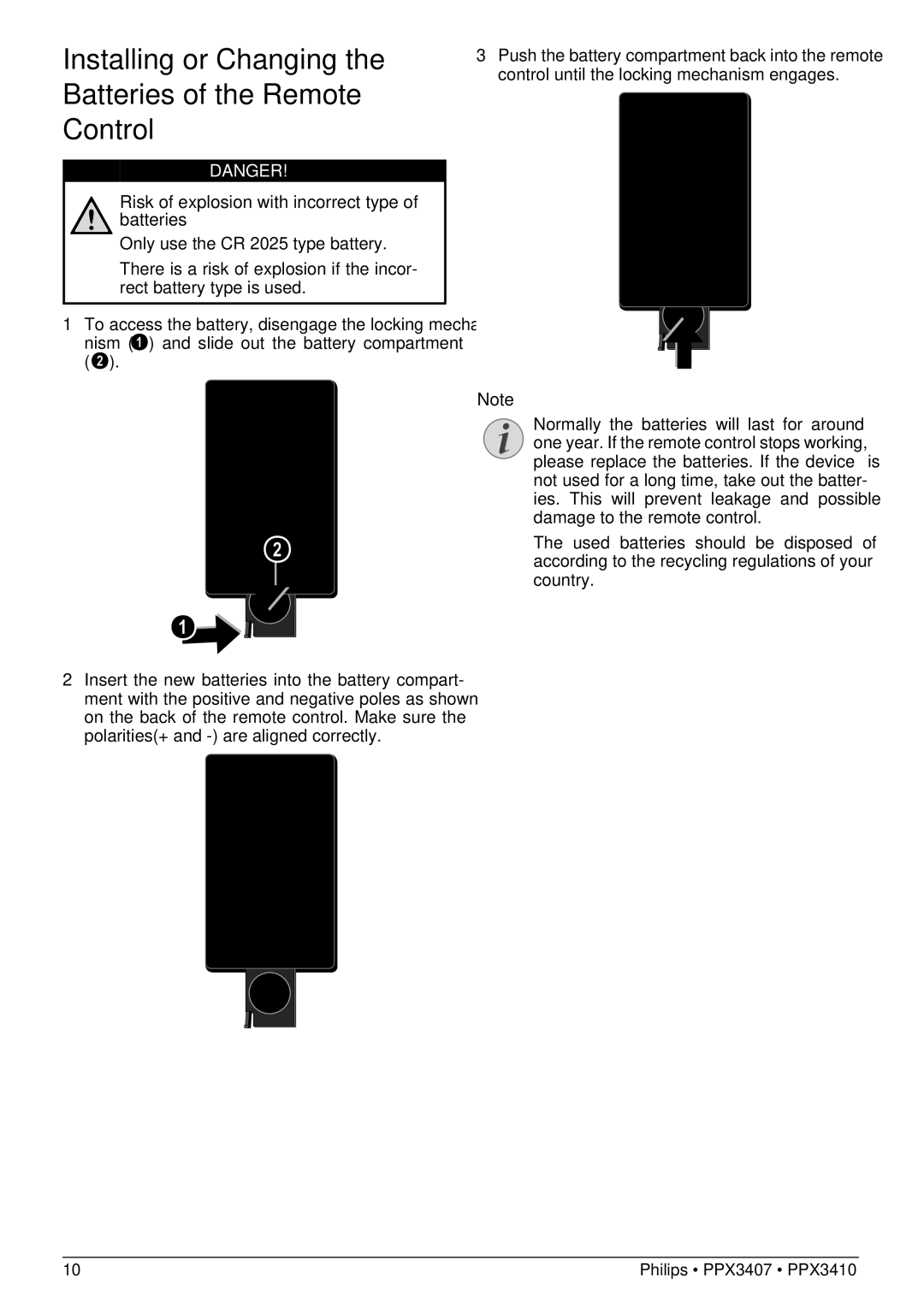 Philips PPX3407 Installing or Changing the Batteries of the Remote Control, Nism and slide out the battery compartment 