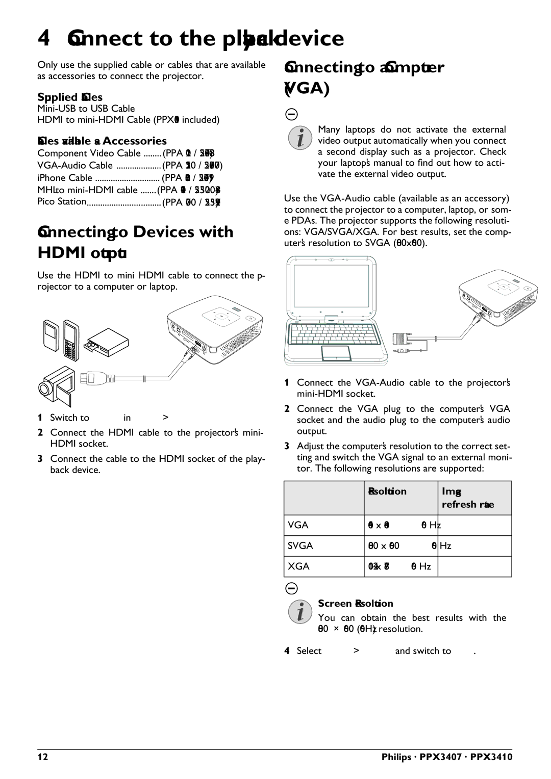 Philips PPX3407 Connect to the playback device, Connecting to Devices with Hdmi output, Connecting to a Computer VGA 