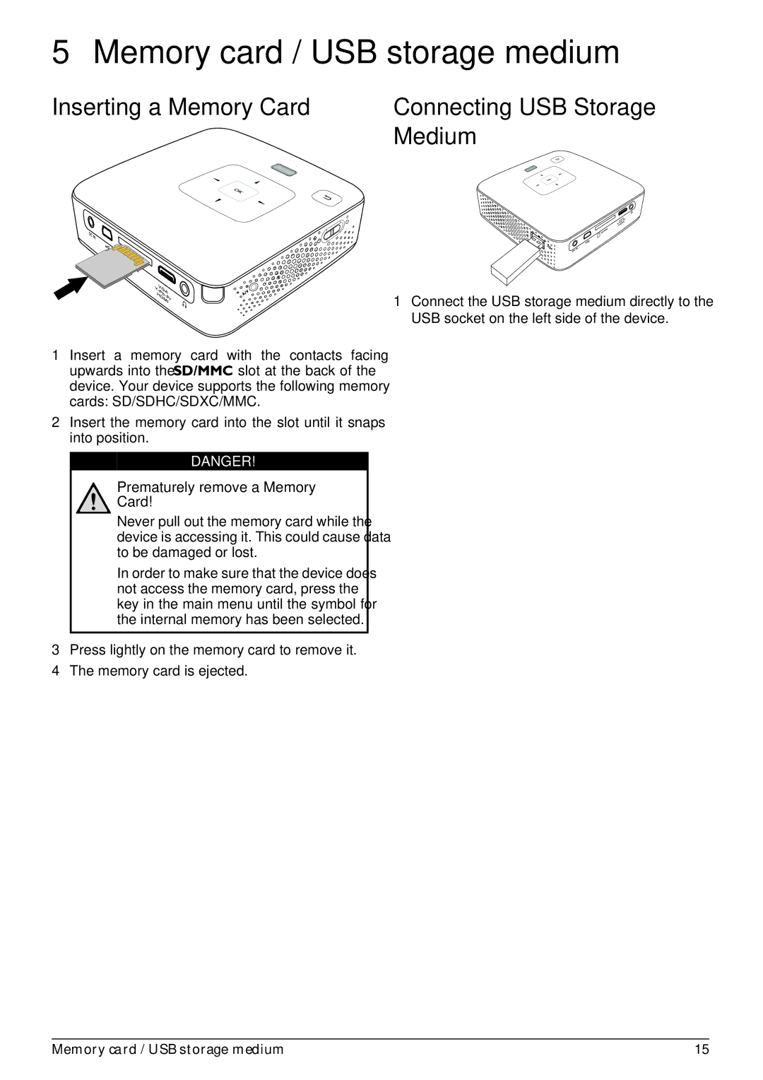 Philips PPX3410, PPX3407 user manual Memory card / USB storage medium, Inserting a Memory Card Connecting USB Storage Medium 