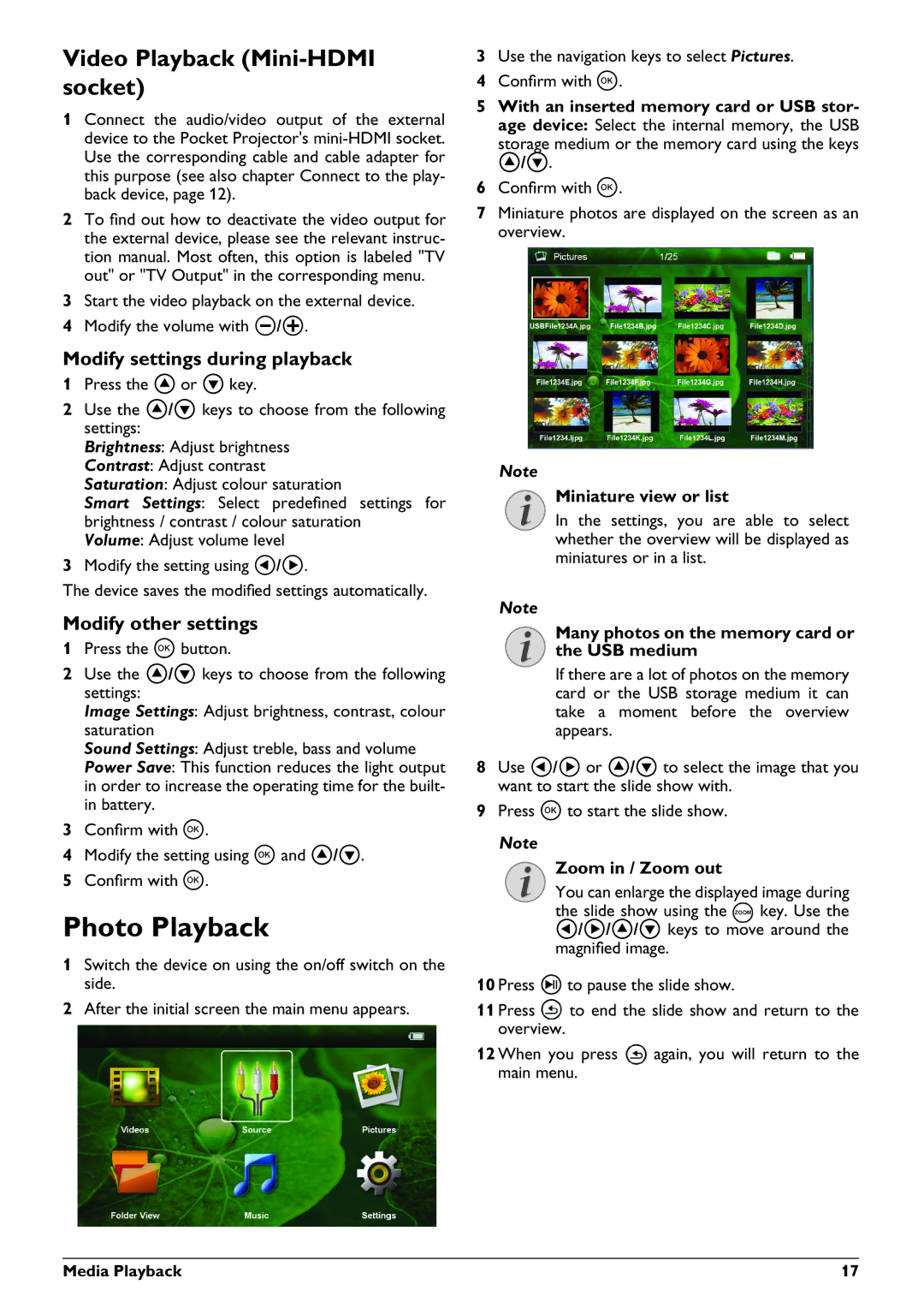 Philips PPX3410 Photo Playback, Video Playback Mini-HDMI socket, Modify settings during playback, Modify other settings 