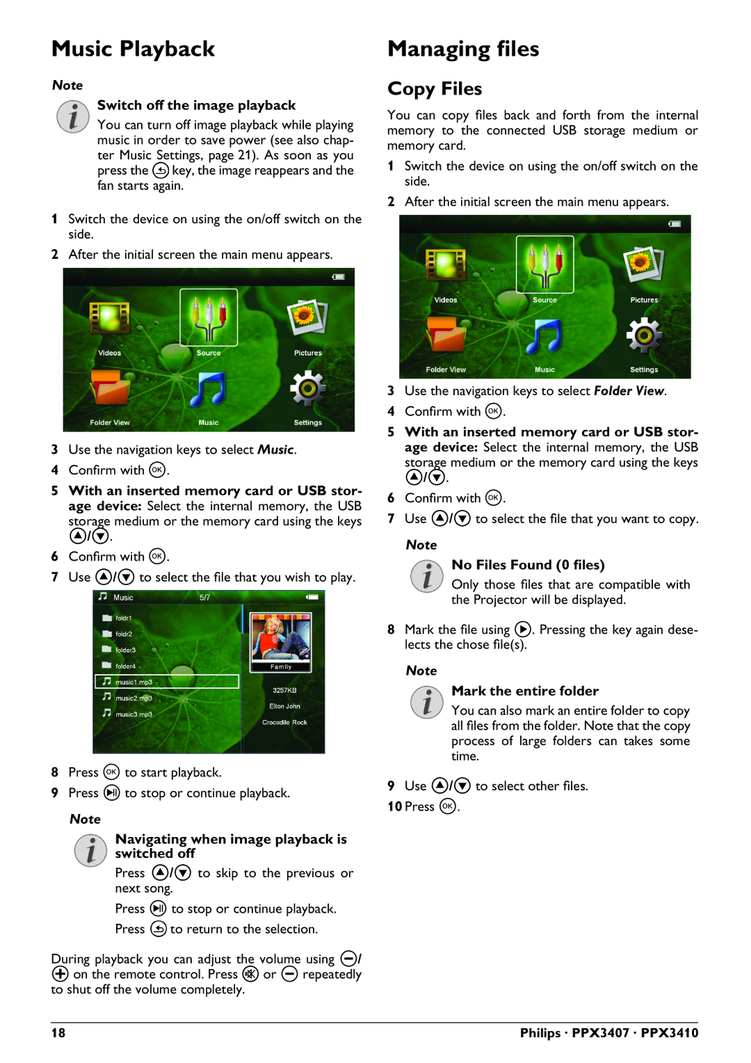Philips PPX3407, PPX3410 user manual Music Playback, Managing les, Copy Files 