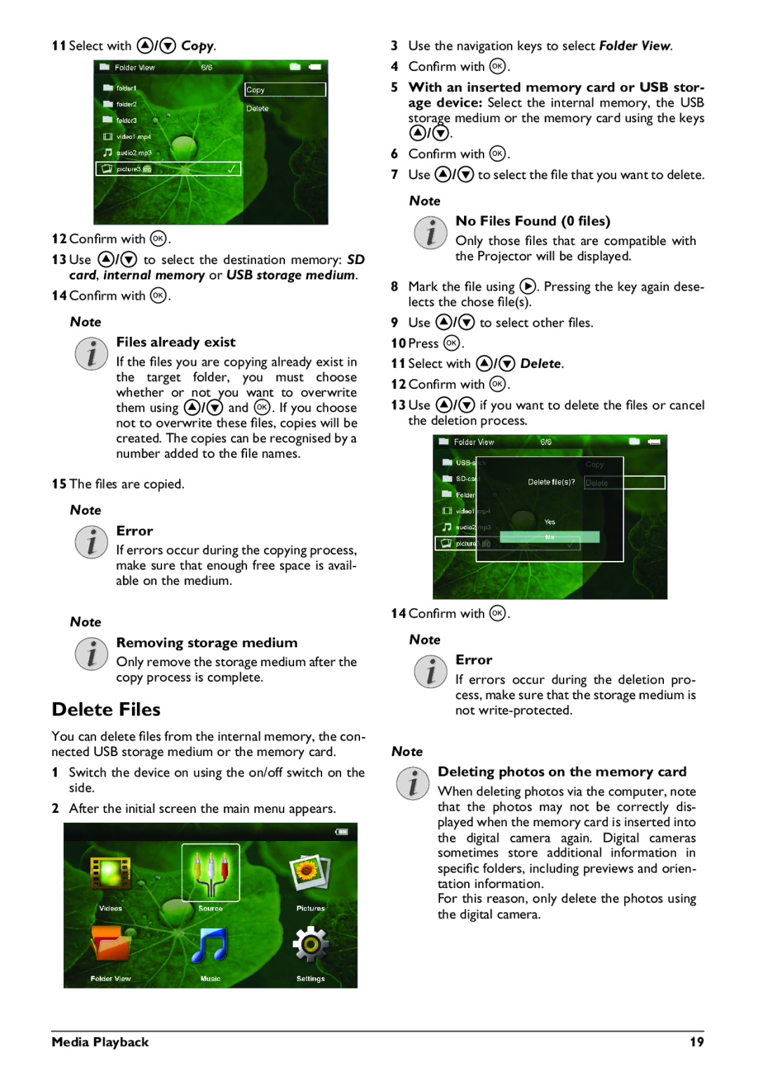 Philips PPX3410 Delete Files, Files already exist, Error, Removing storage medium, Deleting photos on the memory card 