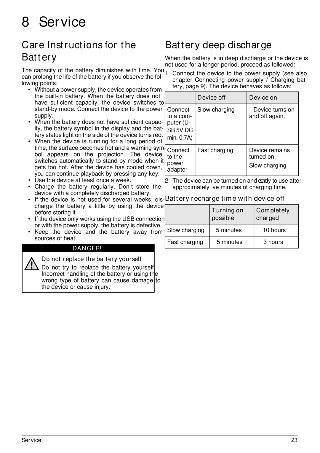 Philips PPX3410 Service, Care Instructions for the Battery, Battery deep discharge, Battery recharge time with device off 