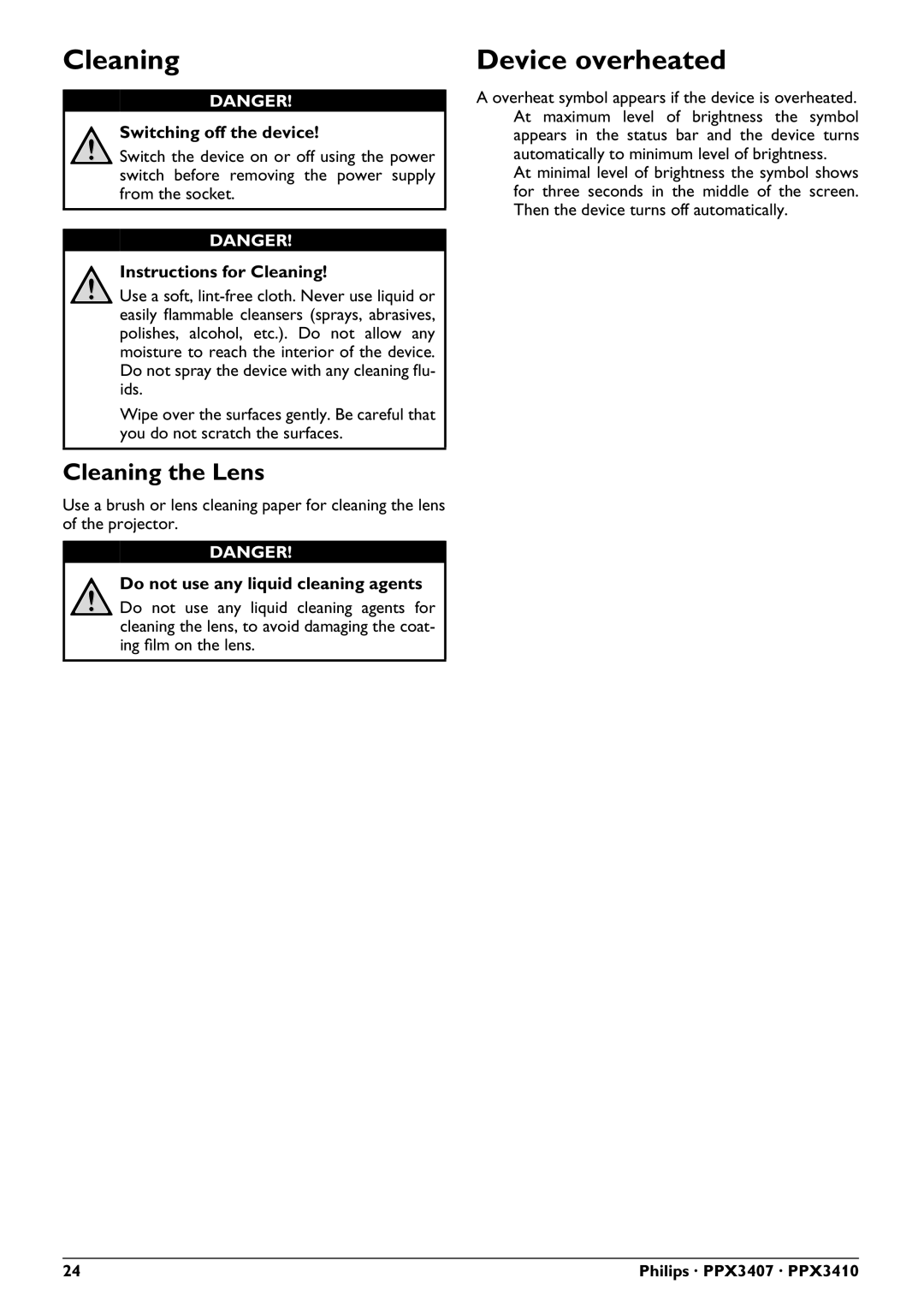 Philips PPX3407, PPX3410 user manual Device overheated, Cleaning the Lens 