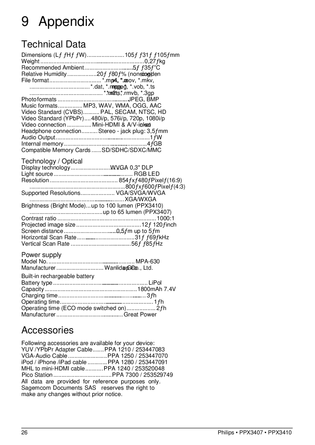 Philips PPX3407, PPX3410 user manual Appendix, Technical Data, Accessories, Technology / Optical, Power supply 