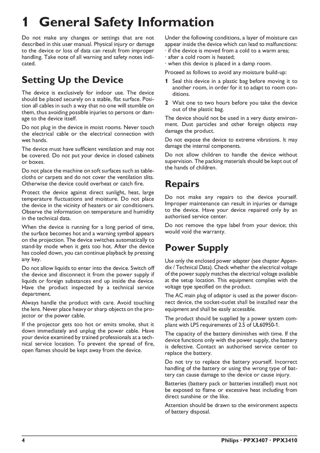 Philips PPX3407, PPX3410 user manual General Safety Information, Setting Up the Device, Repairs, Power Supply 