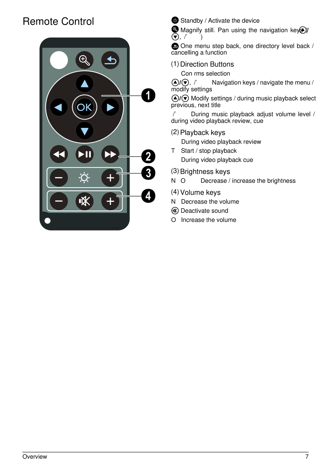 Philips PPX3410, PPX3407 user manual Remote Control, Direction Buttons, Playback keys, Brightness keys, Volume keys 