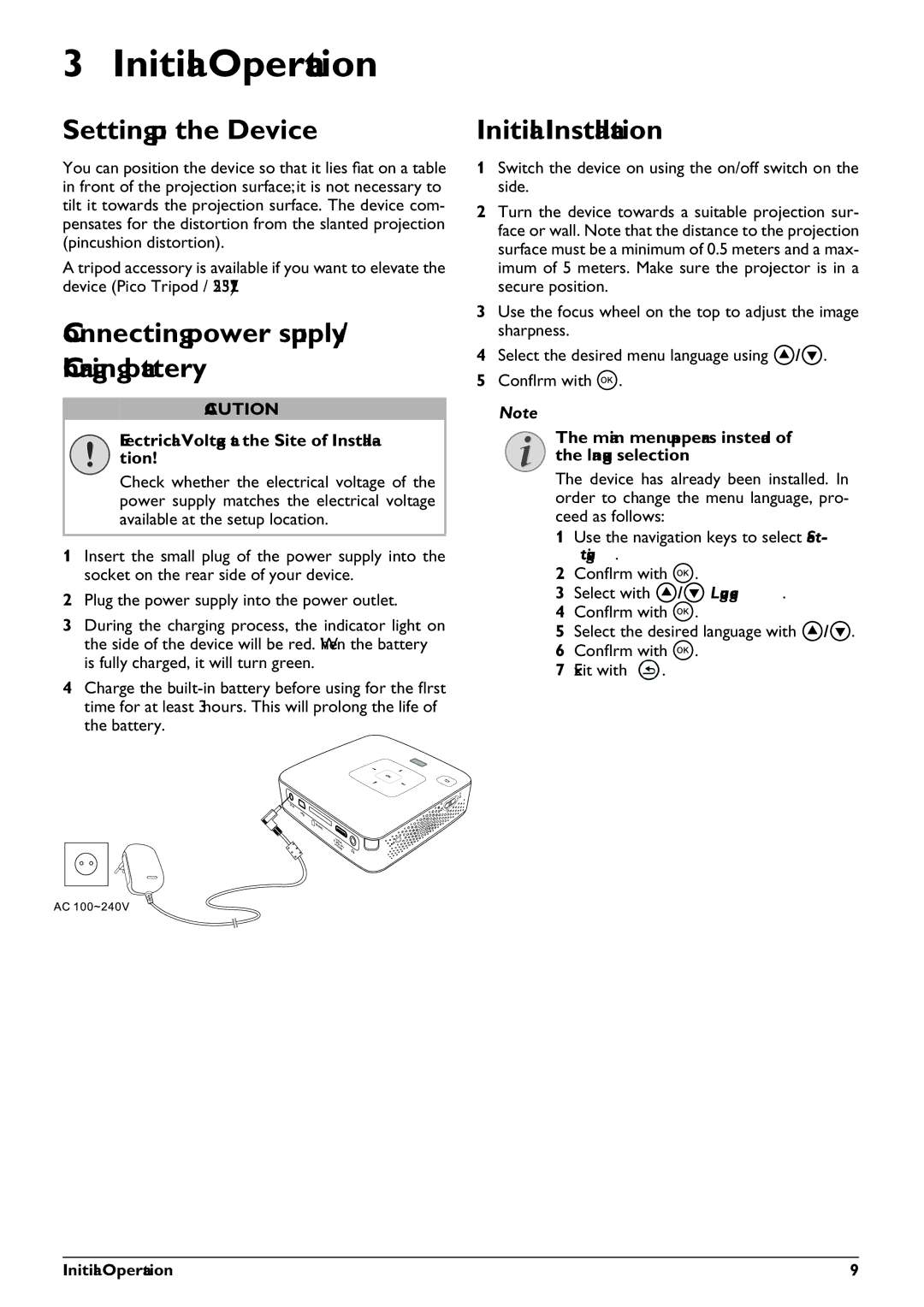 Philips PPX3410, PPX3407 user manual Initial Operation, Connecting power supply / Charging battery, Initial Installation 