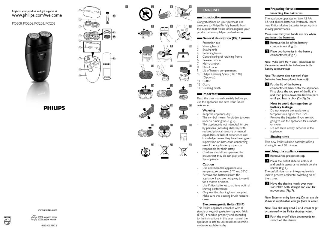 Philips PQ202 user manual Introduction, General description, Preparing for use Inserting the batteries, Shaving time 