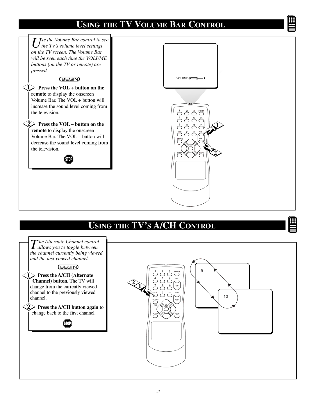 Philips PR 1906C manual Using the TV Volume BAR Control, Using the TV’S A/CH Control 