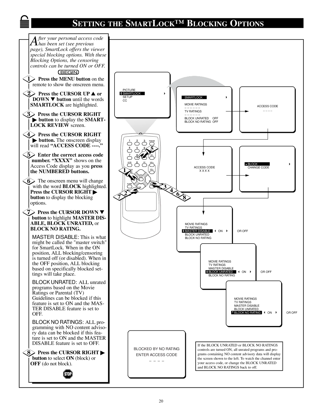 Philips PR 1906C manual Setting the Smartlock Blocking Options, Press the Cursor UP or Down button until the words 