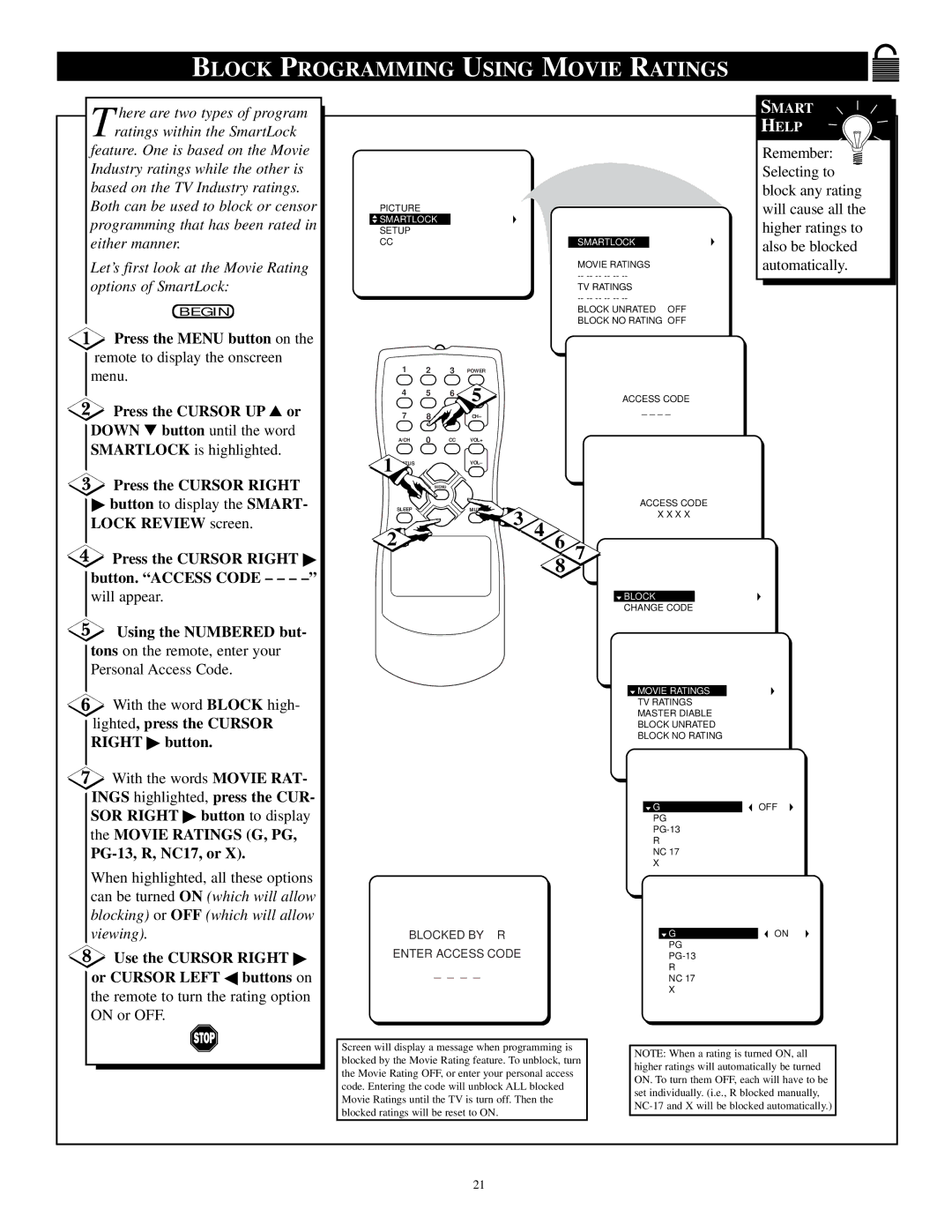 Philips PR 1906C Block Programming Using Movie Ratings, Press the Cursor Right button. Access Code, PG-13, R, NC17, or 