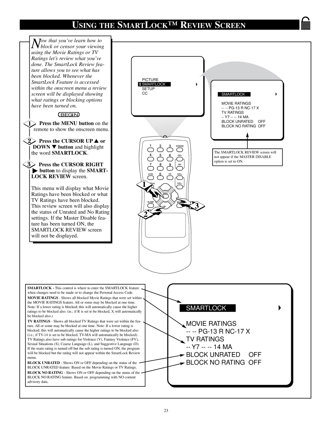 Philips PR 1906C manual Using the Smartlock Review Screen, Block Unrated OFF Block no Rating OFF 