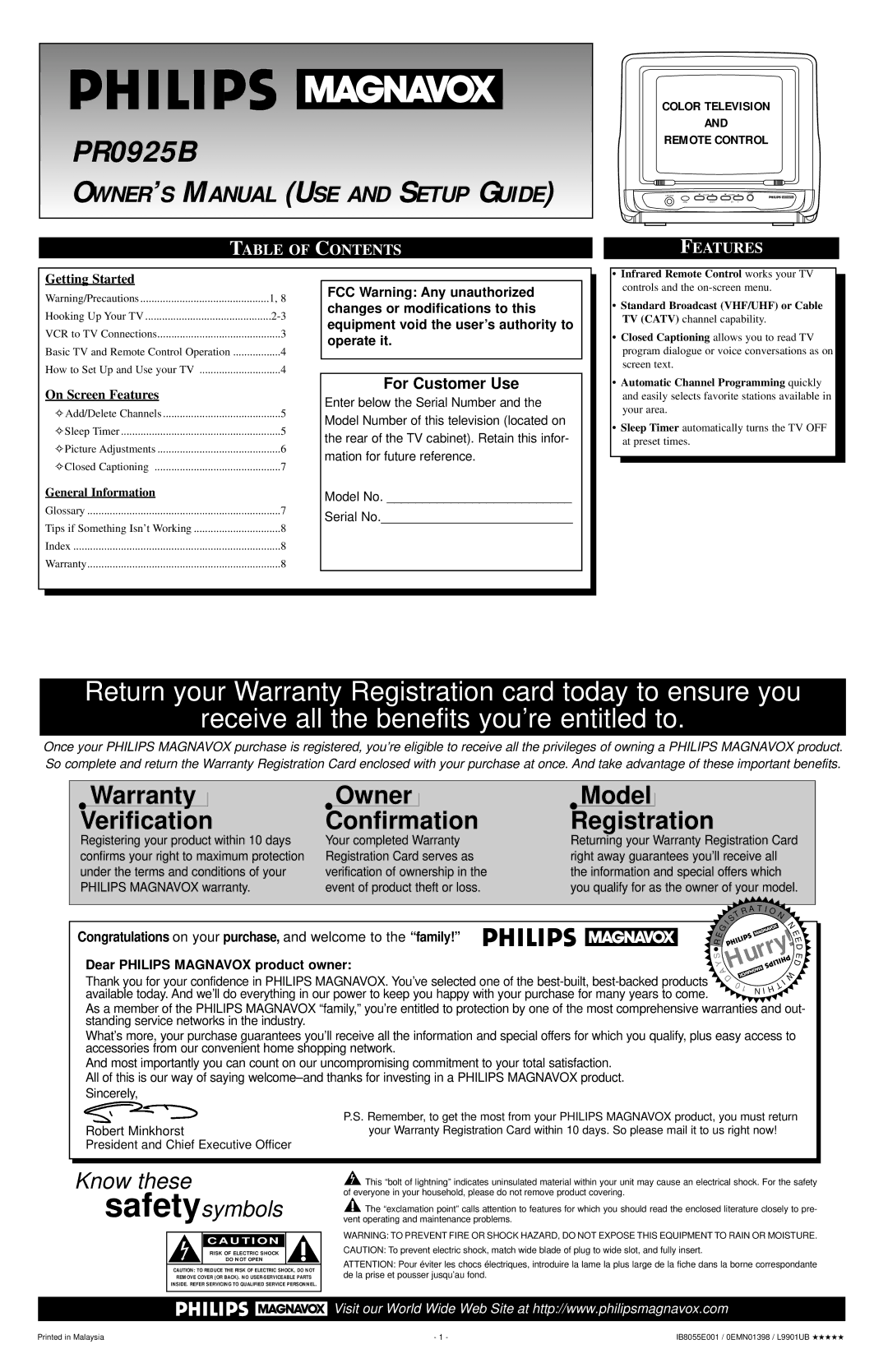 Philips PR0925B owner manual Table of Contents Features 