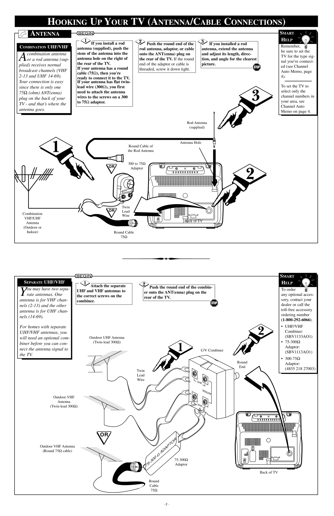 Philips PR0925B owner manual Hooking UP Your TV ANTENNA/CABLE Connections, Antenna 