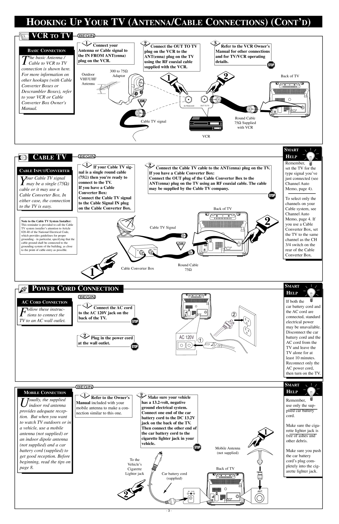 Philips PR0925B Hooking UP Your TV ANTENNA/CABLE Connections CONT’D, Cable TV, Power Cord Connection, Refer to the Owners 