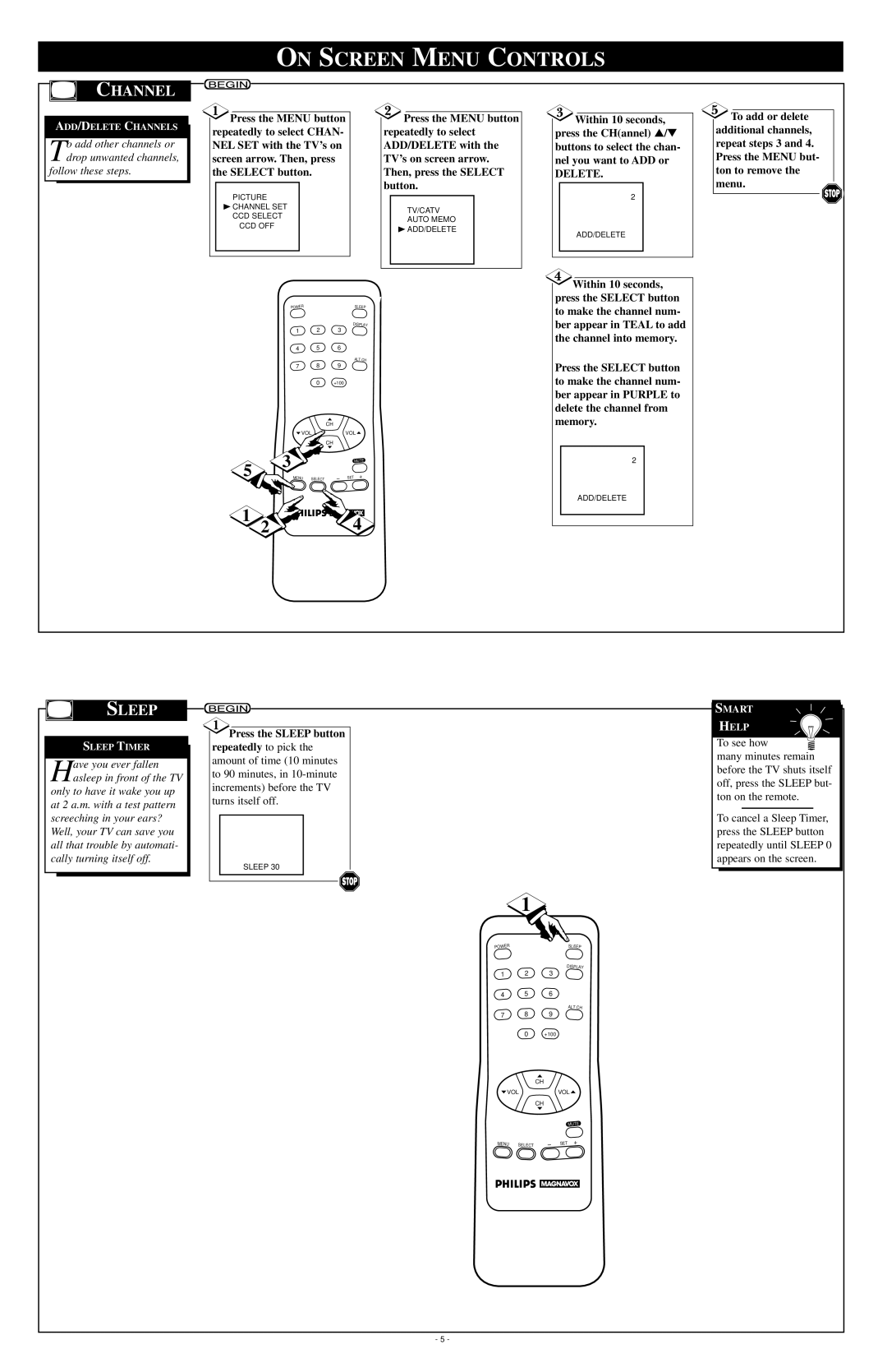 Philips PR0925B owner manual On Screen Menu Controls, Channel, Press the Sleep button 