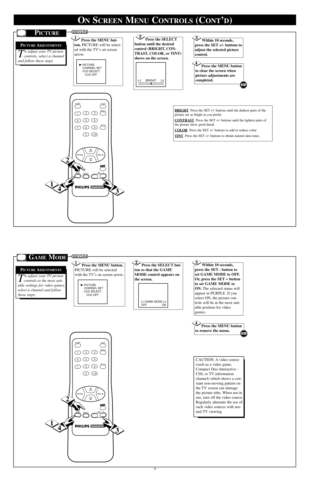 Philips PR0925B owner manual On Screen Menu Controls CONT’D, Picture, Game Mode, Press the Menu but 