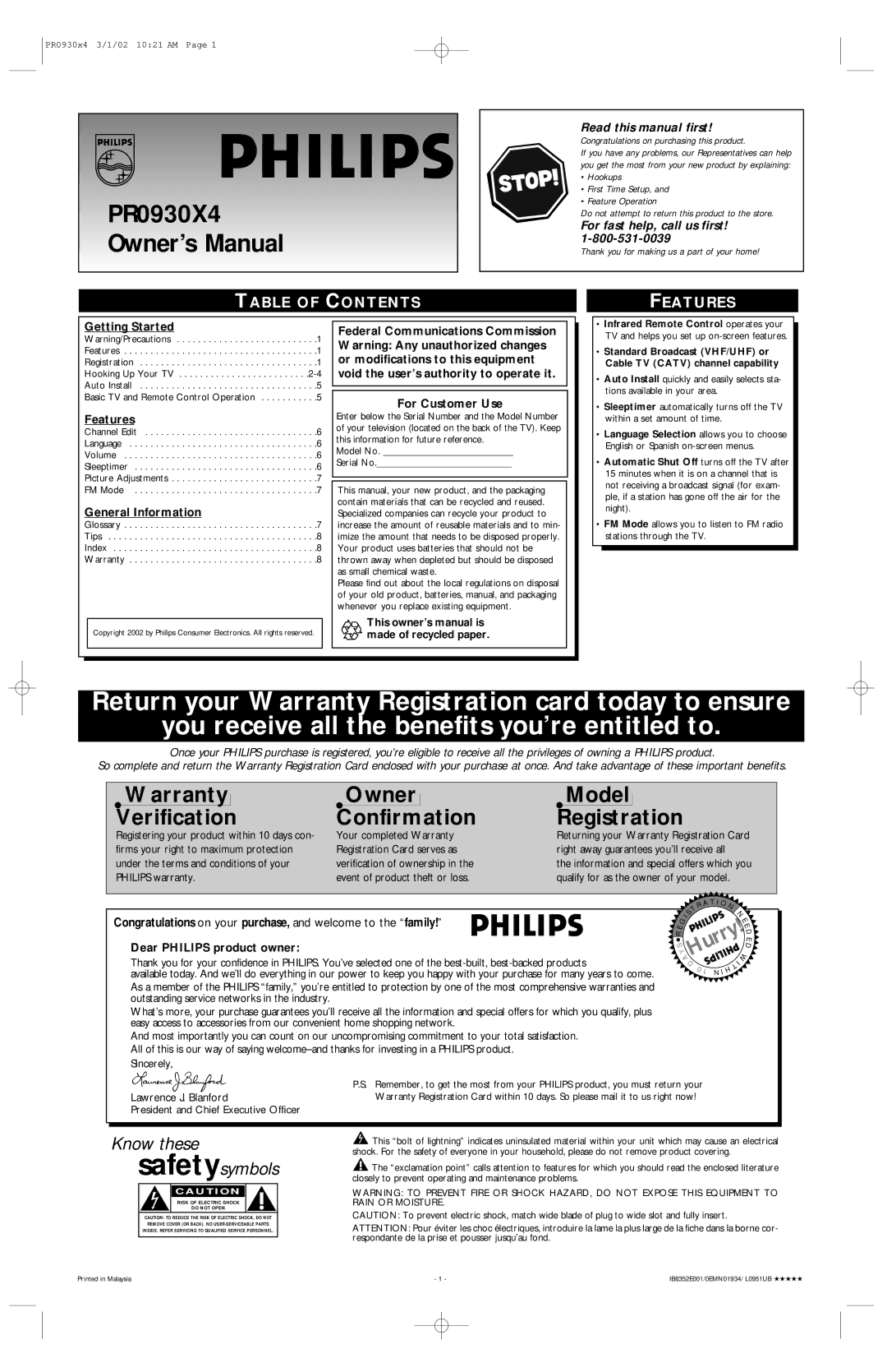 Philips PR0930X4 warranty Table of Contents Features 