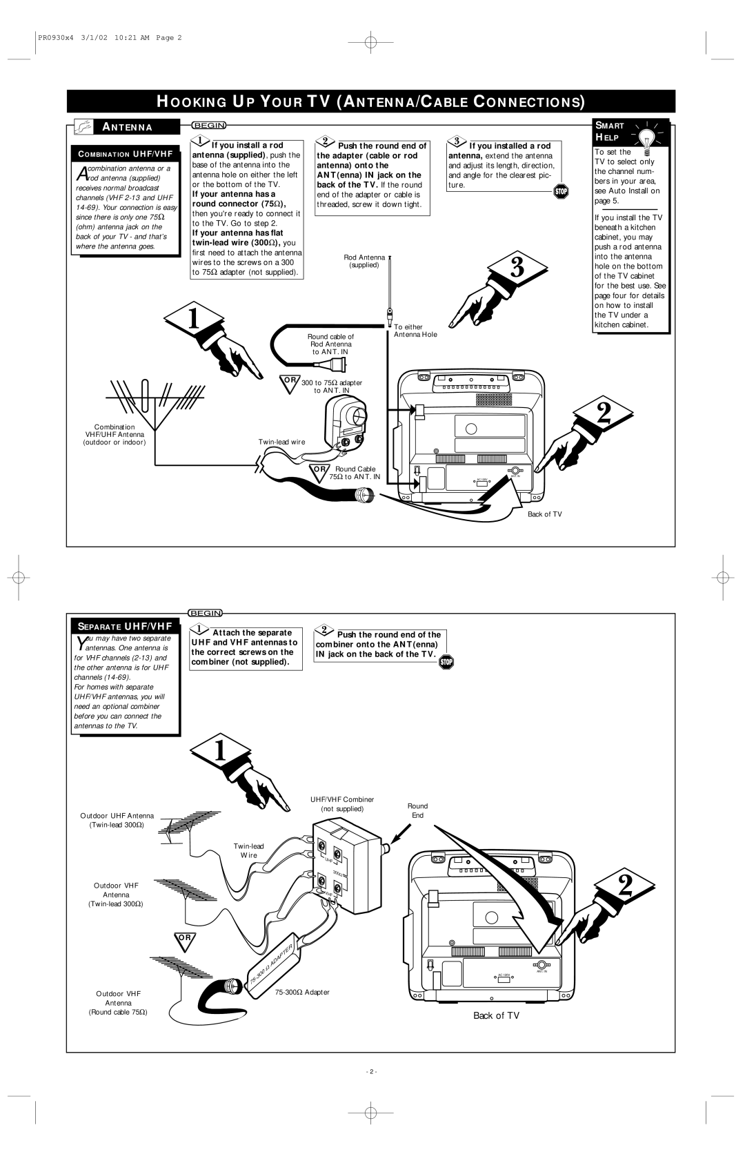 Philips PR0930X4 warranty Hooking UP Your TV ANTENNA/CABLE Connections, Separate UHF/VHF, Antenna, Kitchen cabinet 