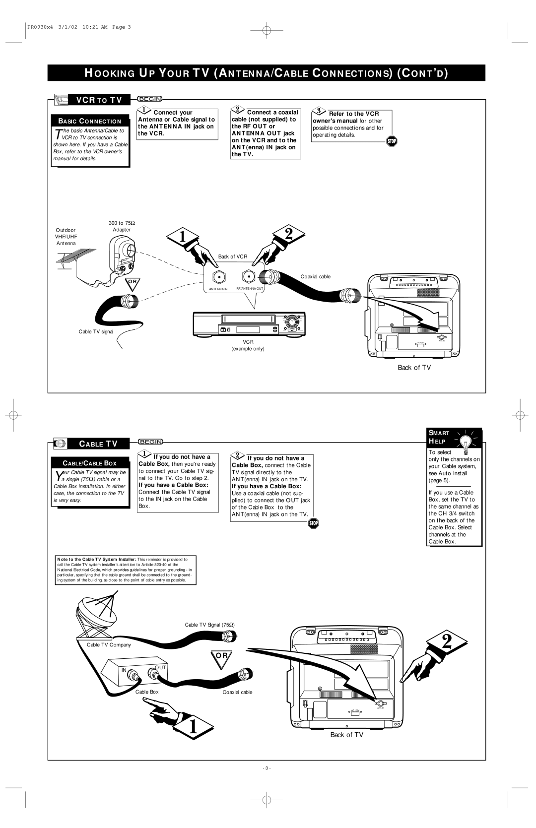 Philips PR0930X4 Hooking UP Your TV ANTENNA/CABLE Connections CONT’D, VCR to TV, Back of TV, Cable TV, Is very easy 