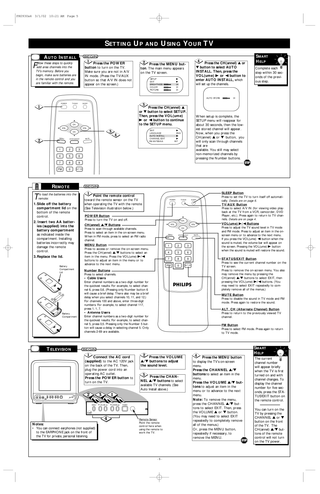 Philips PR0930X4 warranty Setting UP and Using Your TV, Auto Install, Remote, Television 