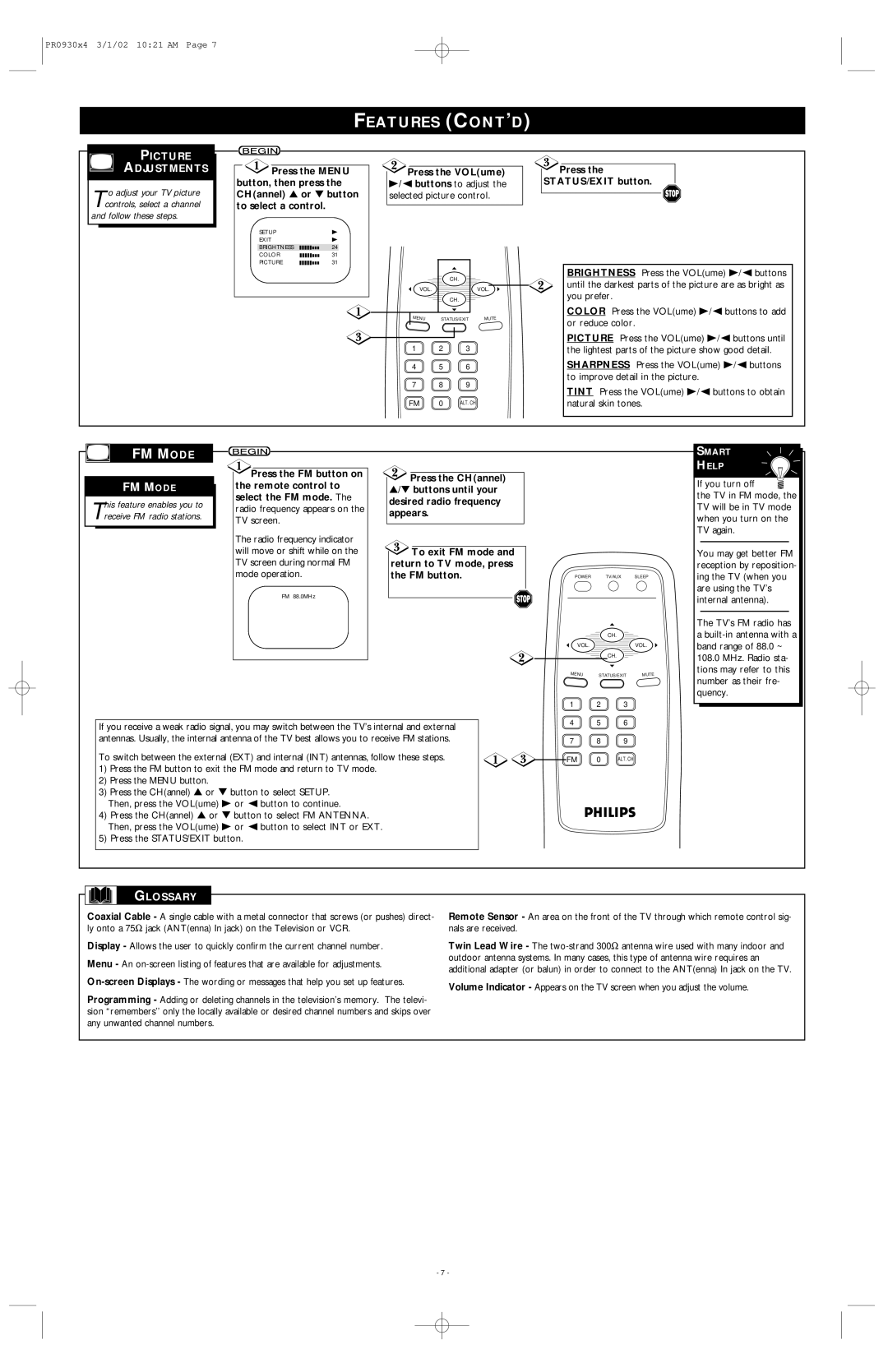 Philips PR0930X4 warranty Features CONT’D, FM Mode, Picture Adjustments, Glossary 