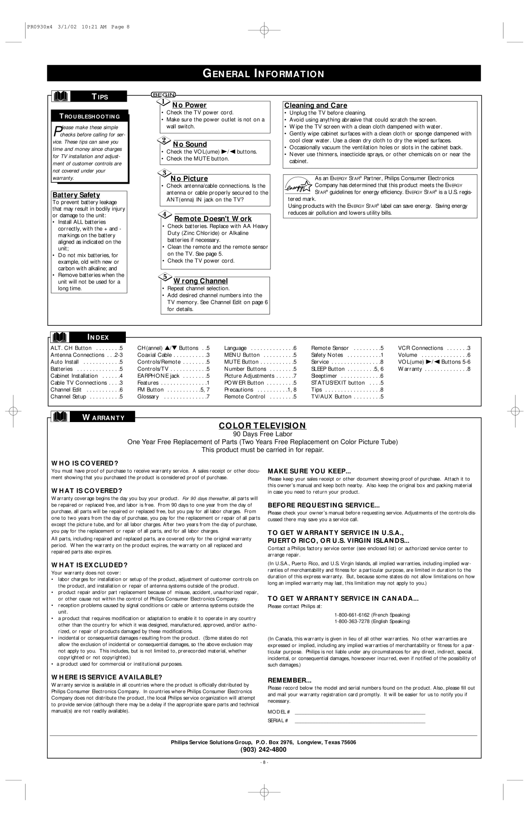 Philips PR0930X4 warranty General Information 