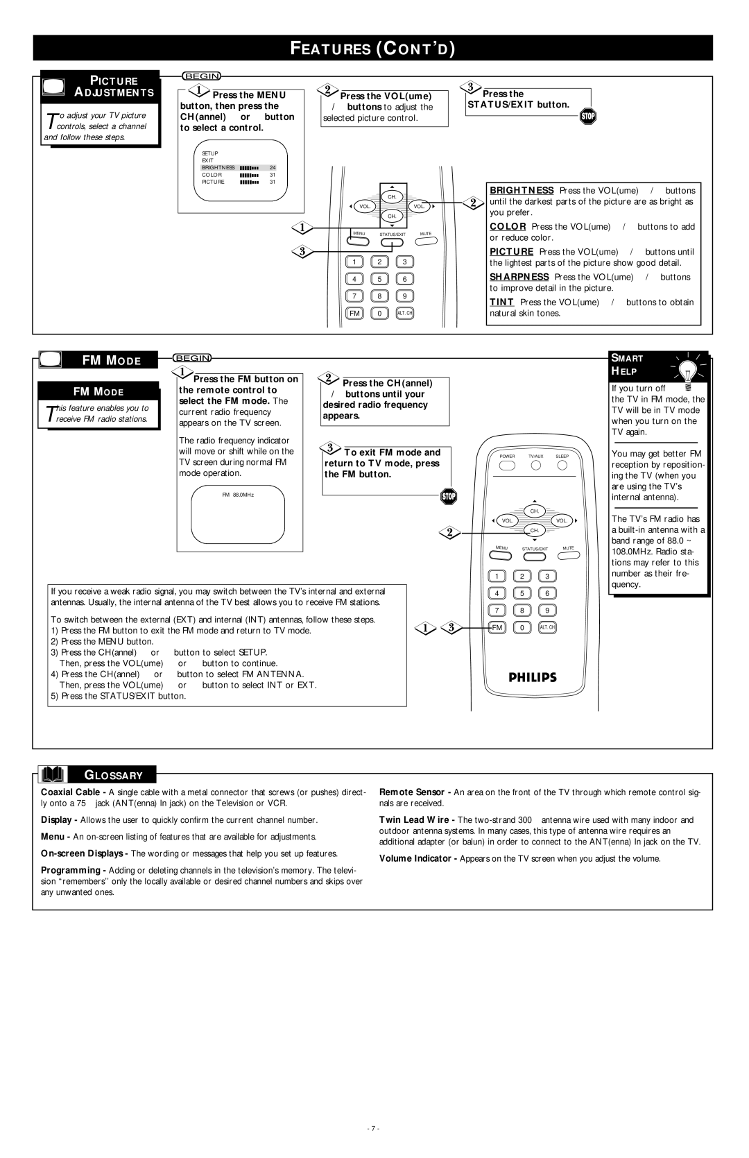 Philips PR0935B4 warranty Features CONT’D, FM Mode, Picture Adjustments, Glossary 