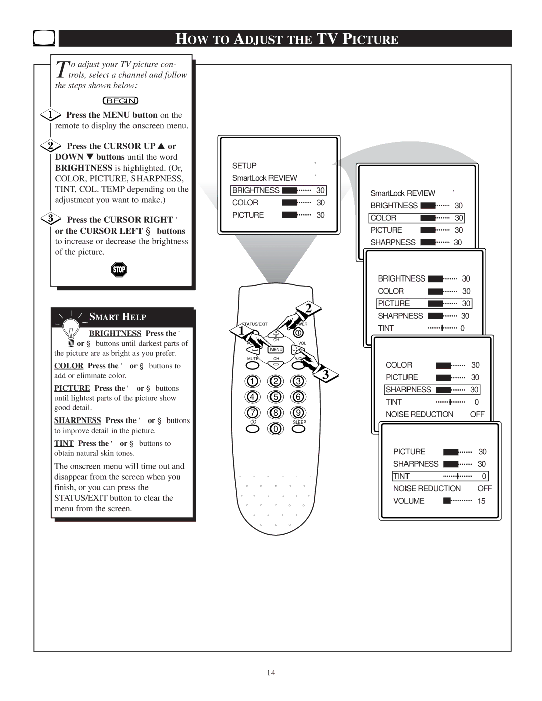 Philips PR1305C1 manual HOW to Adjust the TV Picture, Press the Menu button on, Or the Cursor Left buttons 