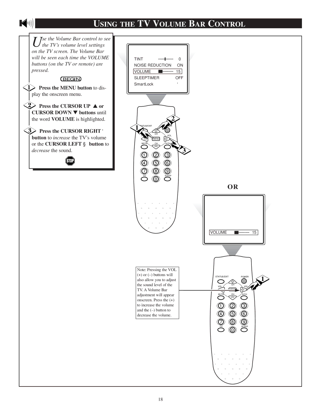 Philips PR1305C1 Using the TV Volume BAR Control, Press the Menu button to dis, Play the onscreen menu, Decrease the sound 