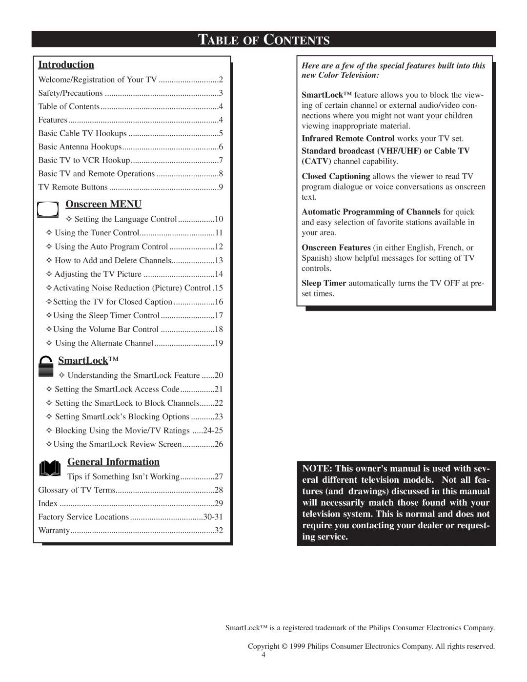 Philips PR1305C1 manual Table of Contents 