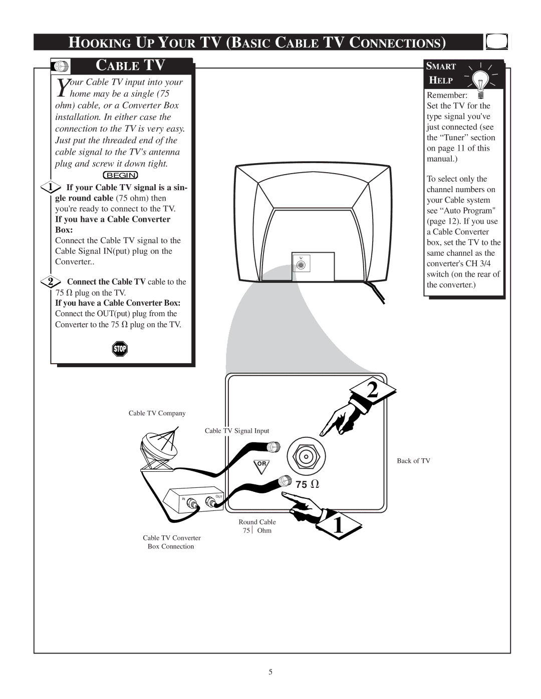 Philips PR1305C1 manual Hooking UP Your TV Basic Cable TV Connections 