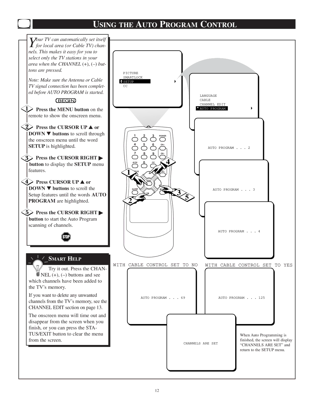 Philips PR1306C1 manual Using the Auto Program Control, Press the Cursor Right button to display the Setup menu 