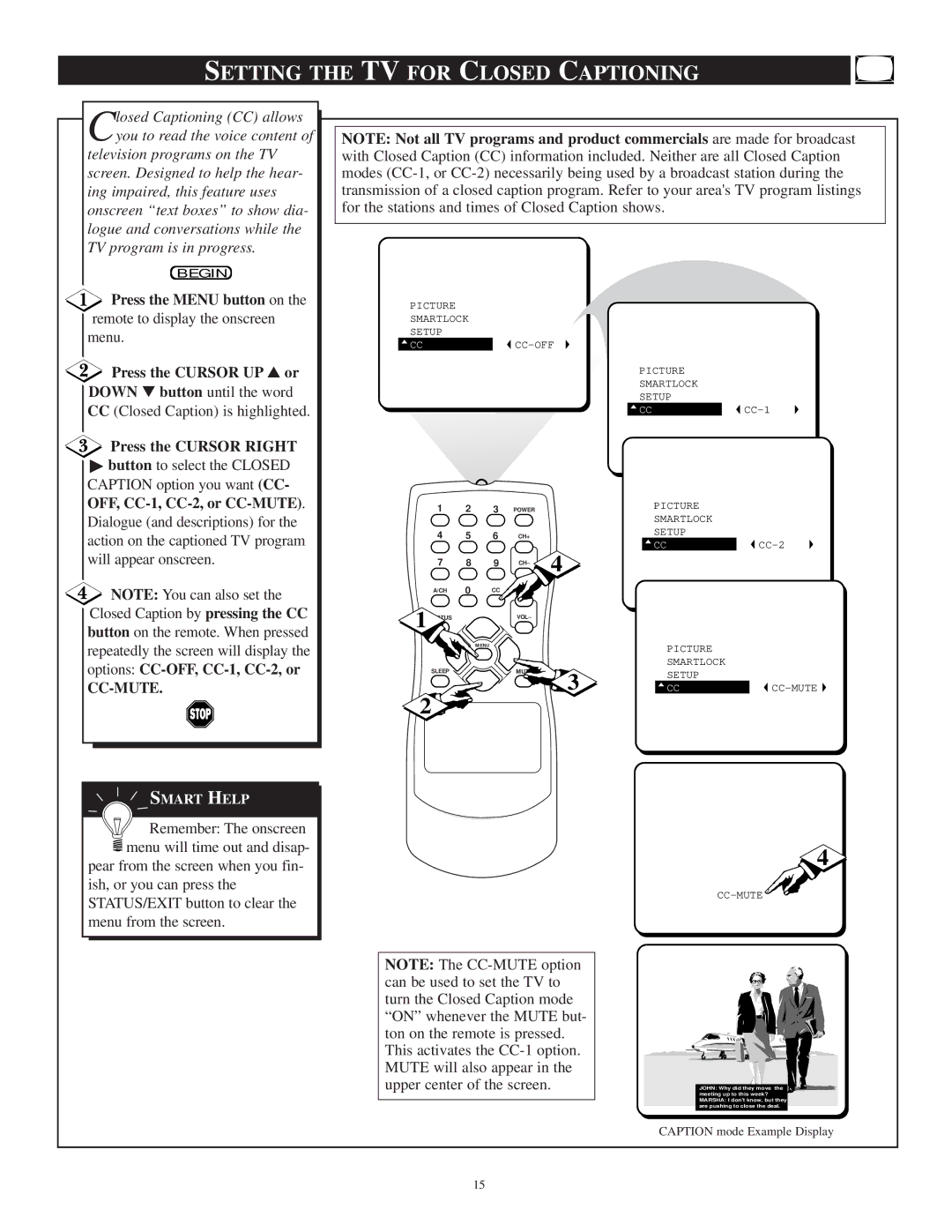 Philips PR1306C1 manual Setting the TV for Closed Captioning, Down button until the word CC Closed Caption is highlighted 