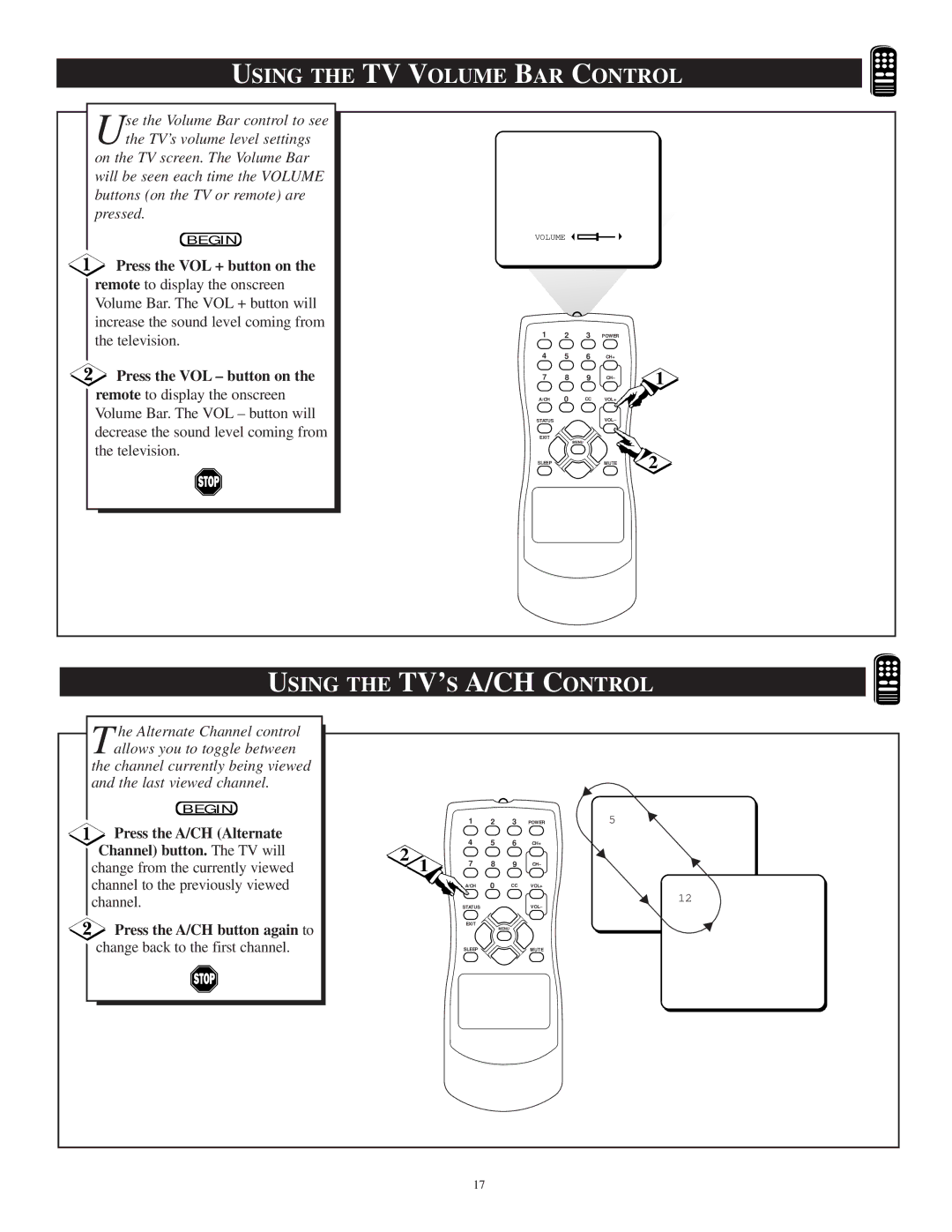 Philips PR1306C1 manual Using the TV Volume BAR Control, Using the TV’S A/CH Control 