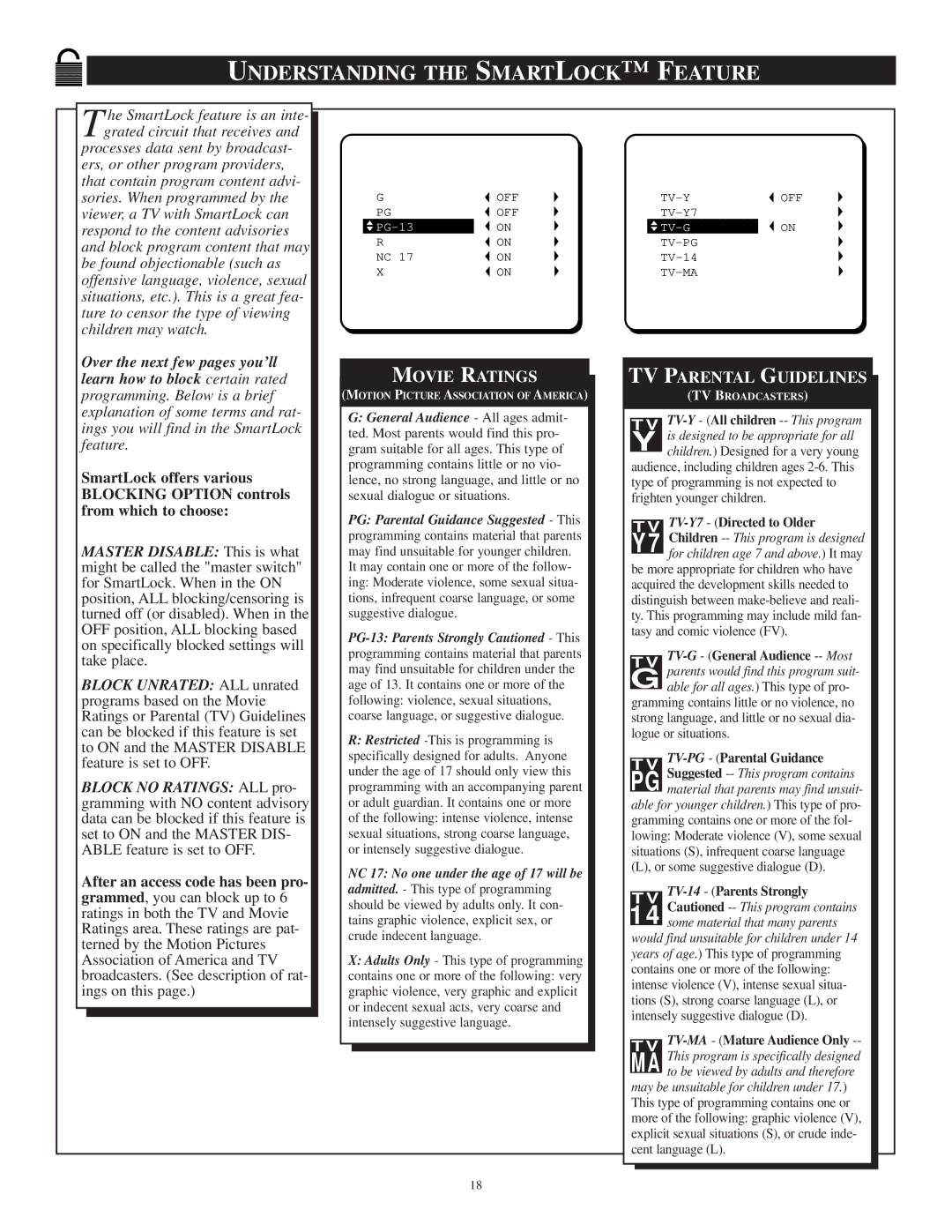 Philips PR1306C1 manual Understanding the Smartlock F Eature, Movie Ratings 