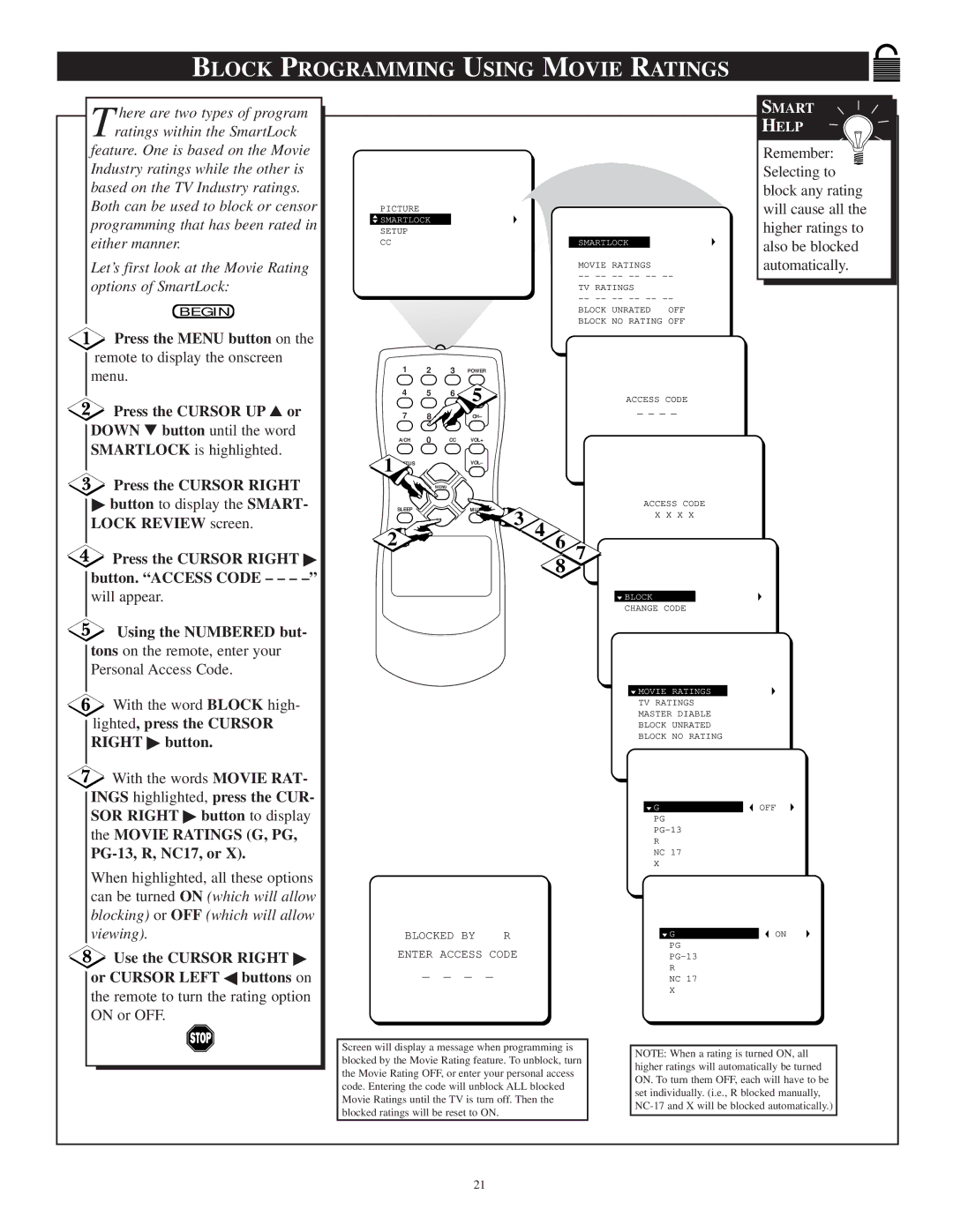 Philips PR1306C1 Block Programming Using Movie Ratings, Press the Cursor Right button. Access Code, PG-13, R, NC17, or 