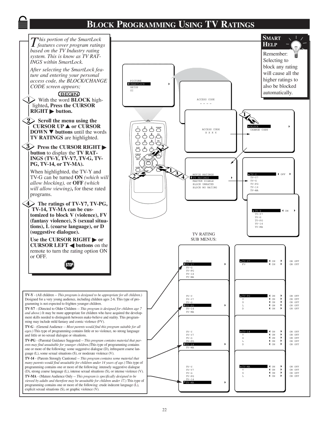 Philips PR1306C1 manual Block Programming Using TV Ratings, Right button Scroll the menu using the Cursor UP or Cursor 