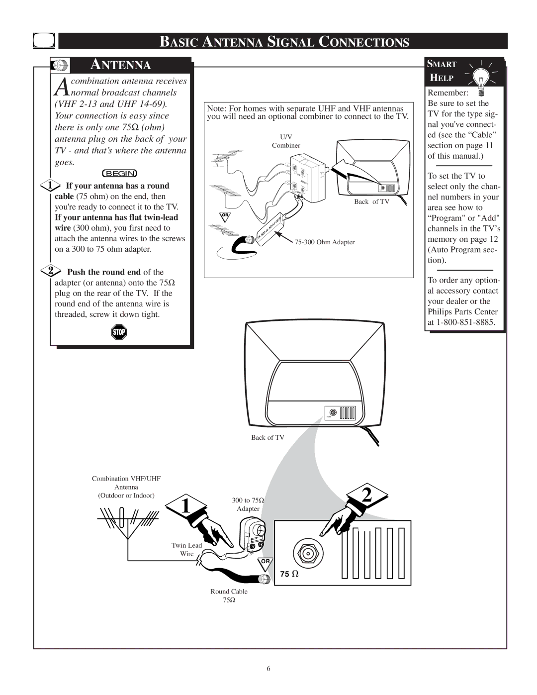 Philips PR1306C1 manual Basic Antenna Signal Connections, If your antenna has a round, If your antenna has flat twin-lead 